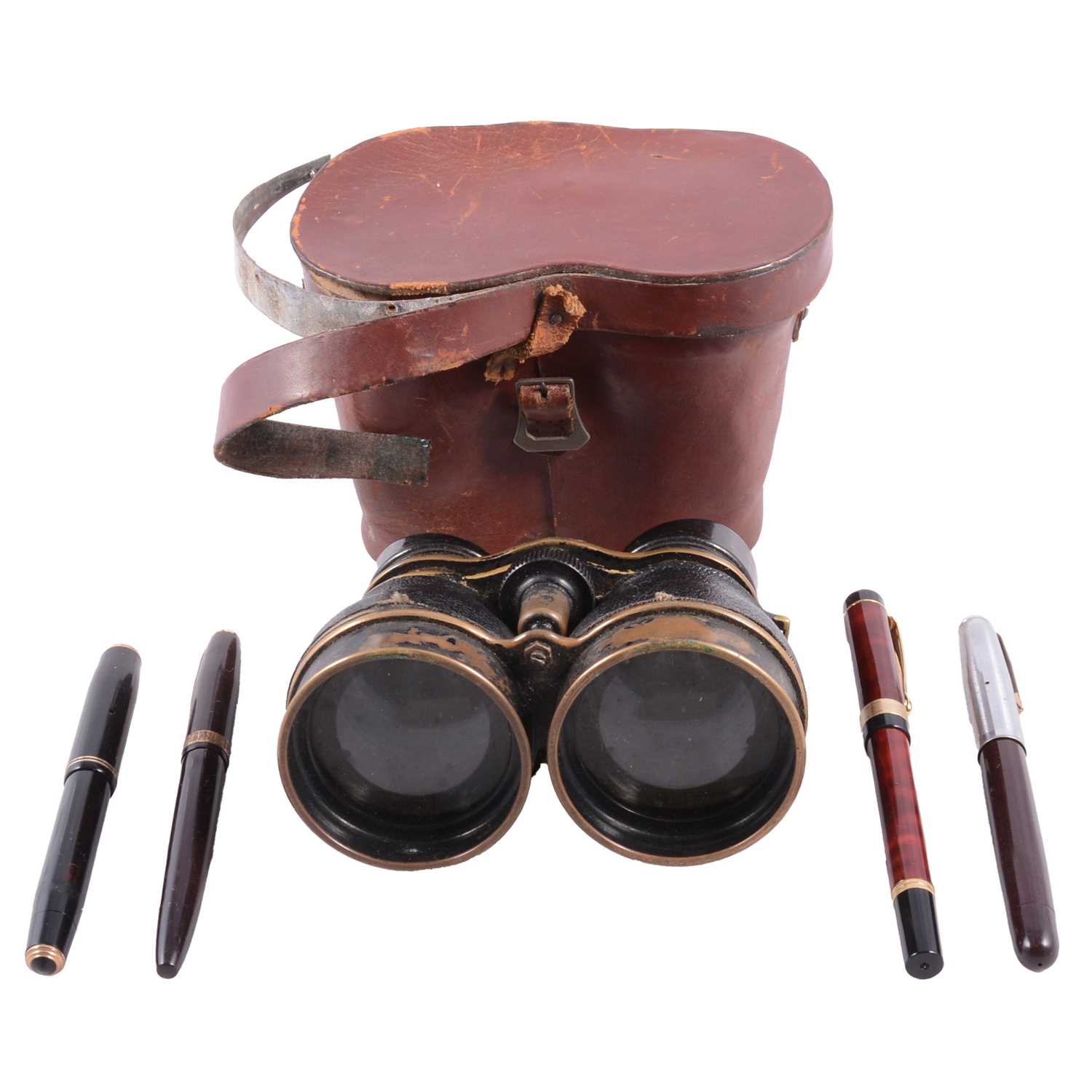 Lot 144 - WWII military binoculars, fountain pens