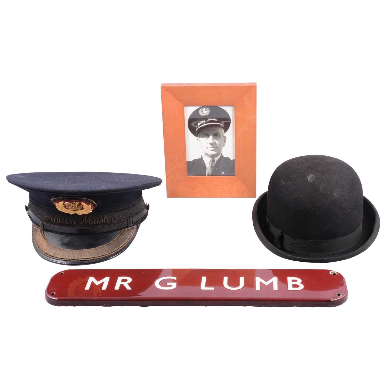 Lot 109 - Railways interest; Personalised enamelled sign, Station Masters peaked cap and a bowler hat