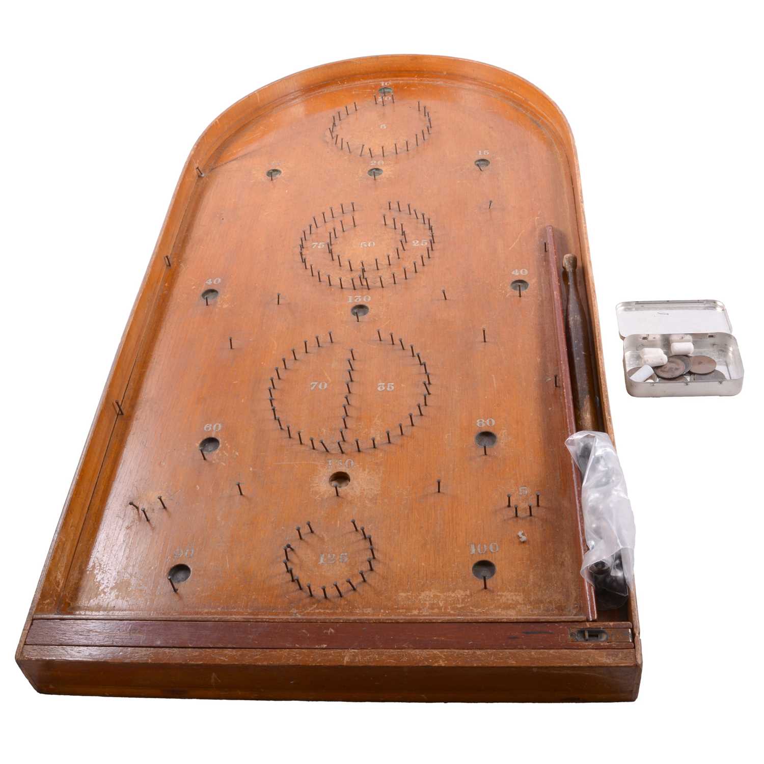 Lot 111 - An F H Ayres early bagatelle board and a shove ha'penny board with coins, an oak aneroid barometer