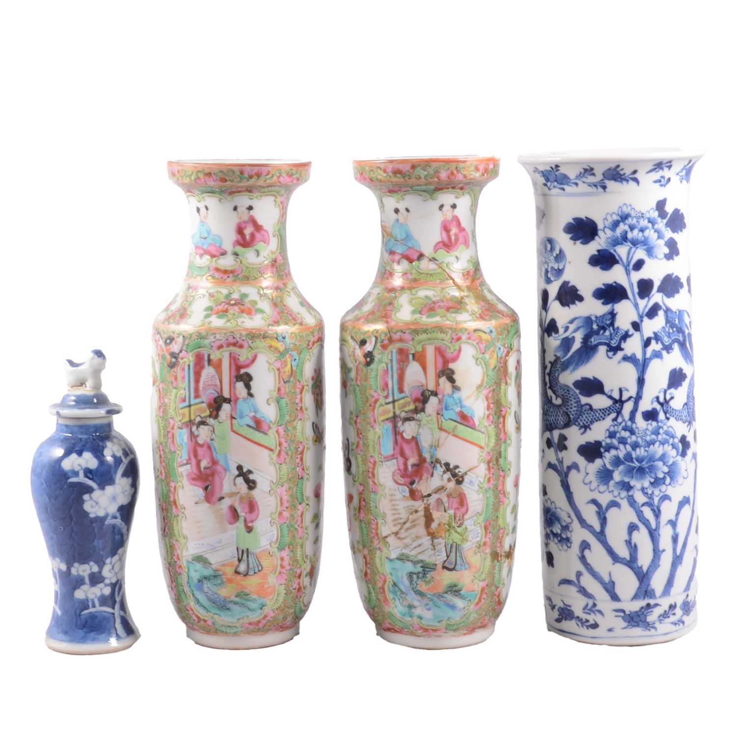 Lot 11 - Pair of Cantonese vases and two other Chinese vases