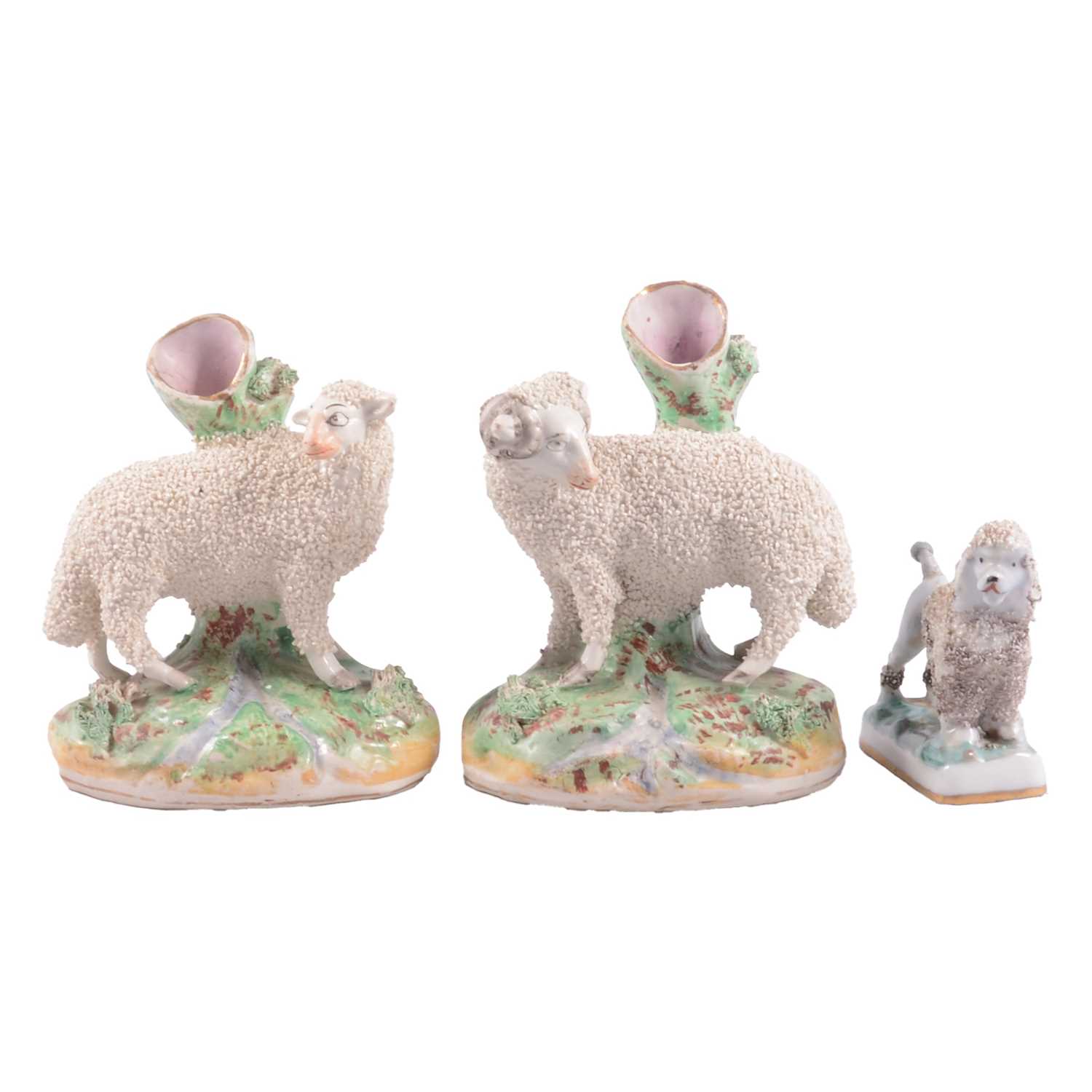 Lot 10 - Pair of Staffordshire spill holders and a small poodle.