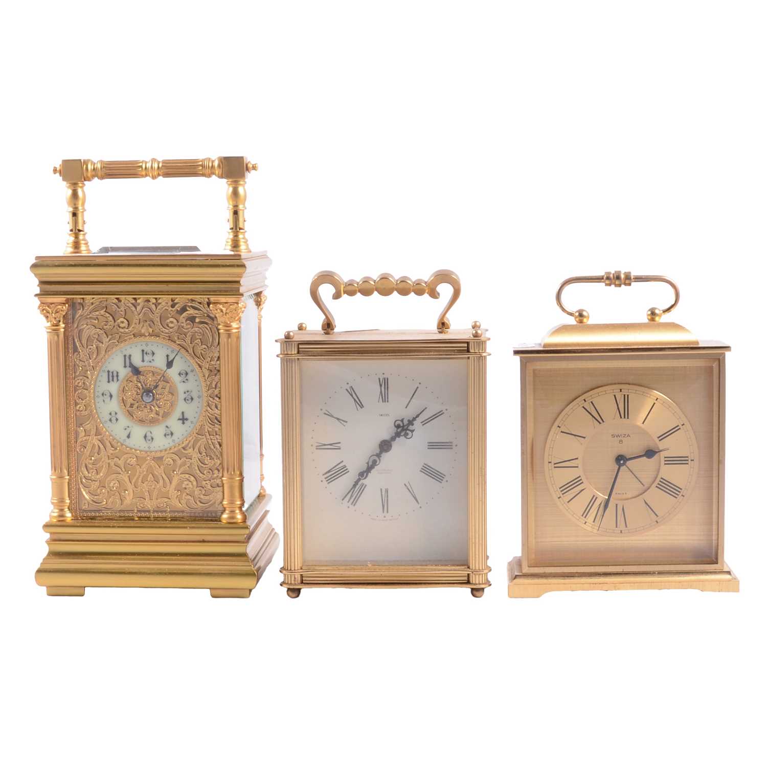 Lot 140 - French brass carriage clock, two quartz carriage clocks and a barometer