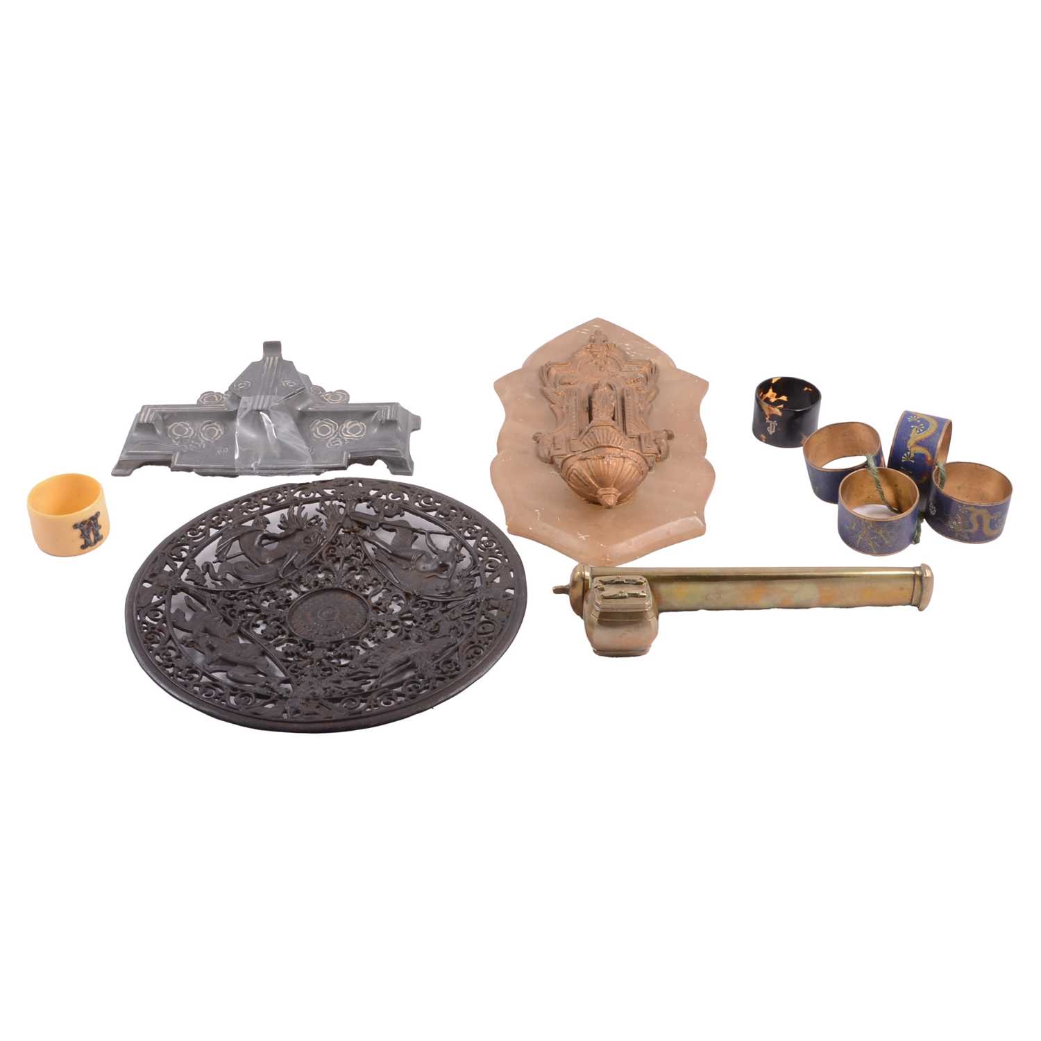 Lot 64 - Art Nouveau pewter inkstand, cast metal dish, brass incense stand, etc