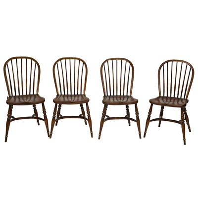 Lot 373 - Set of four elm and ash spindle back kitchen chairs