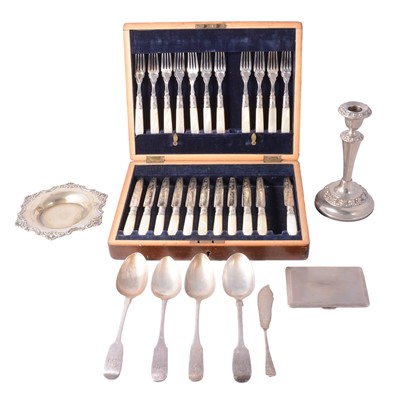 Lot 100 - Four silver table spoons, butter knife, silver-plated wares, etc.