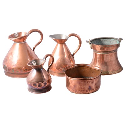 Lot 123 - Set of three copper haystack measures, two copper pans