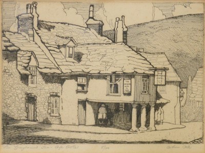 Lot 294 - Arthur Bell, The greyhound Inn, Corfe castle, and four other etchings