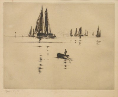 Lot 256 - Frank Henry Mason, Fishing smacks, and five other etchings and prints