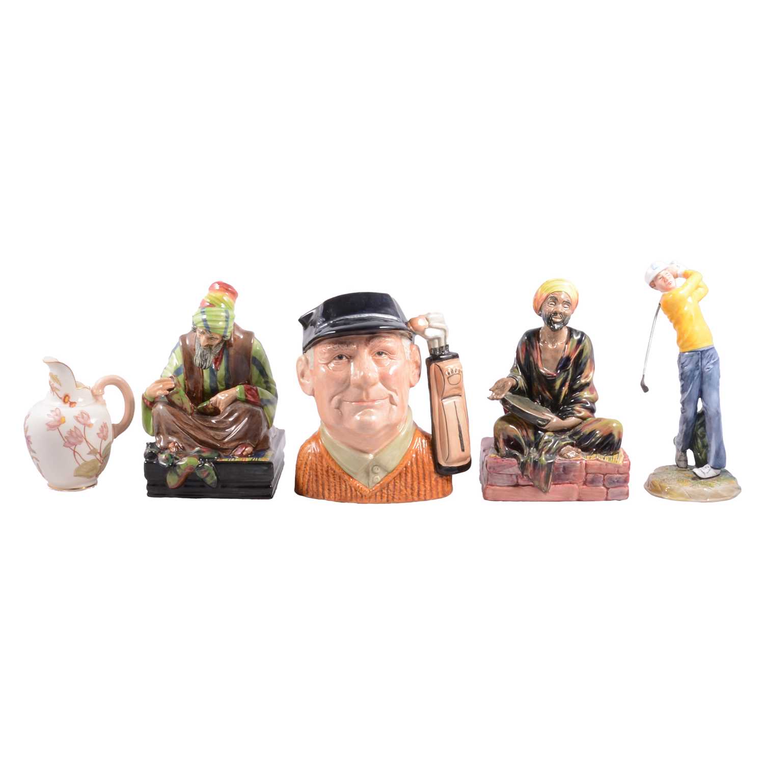 Lot 56 - Three Royal Doulton figurines, character jug, and Royal Worcester jug.