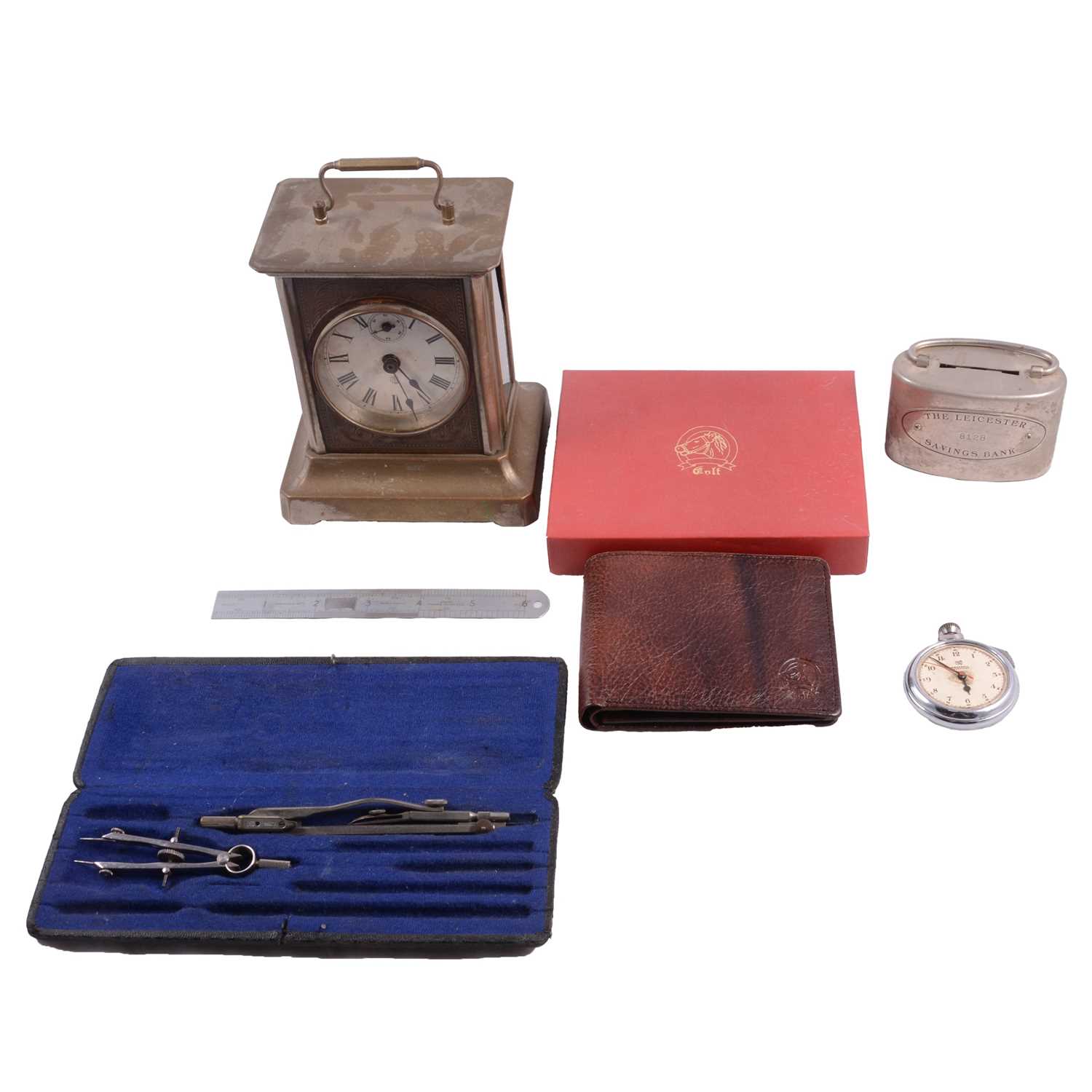 Lot 105 - Metal cased mantel clock and other items