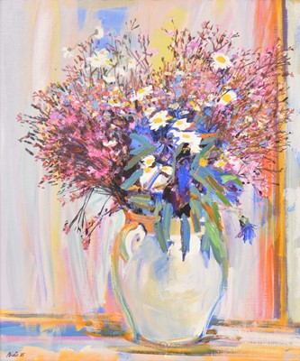 Lot 302 - Bistes, Still life of a vase of flowers, oil...
