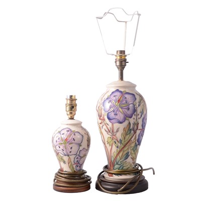 Lot 83 - Moorcroft Pottery, two 'Meadow Cranesbill' pattern table lamps