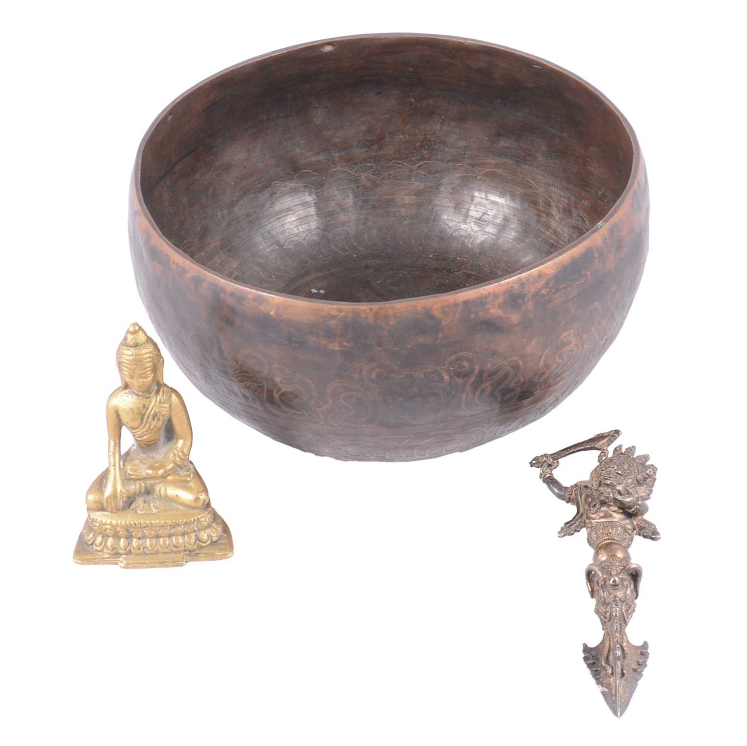 Lot 95 - Tibetan singing bowl, small brass Buddha and a triform bladed knife