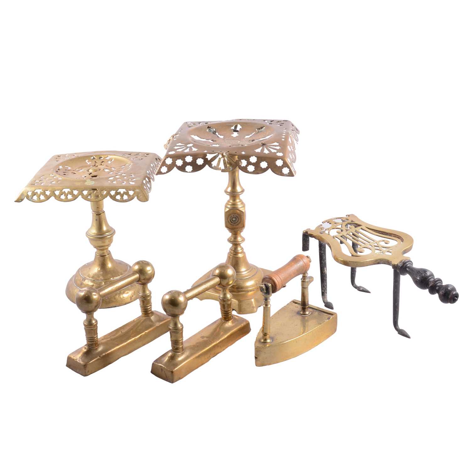 Lot 78 - Brass doorstop, trivets, andirons, and other brassware