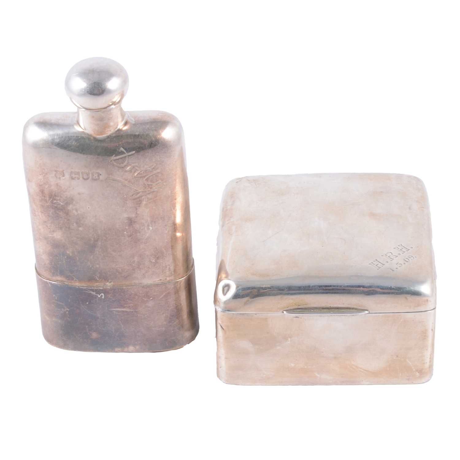 Lot 133 - Silver hip flask and a silver mounted cigarette box