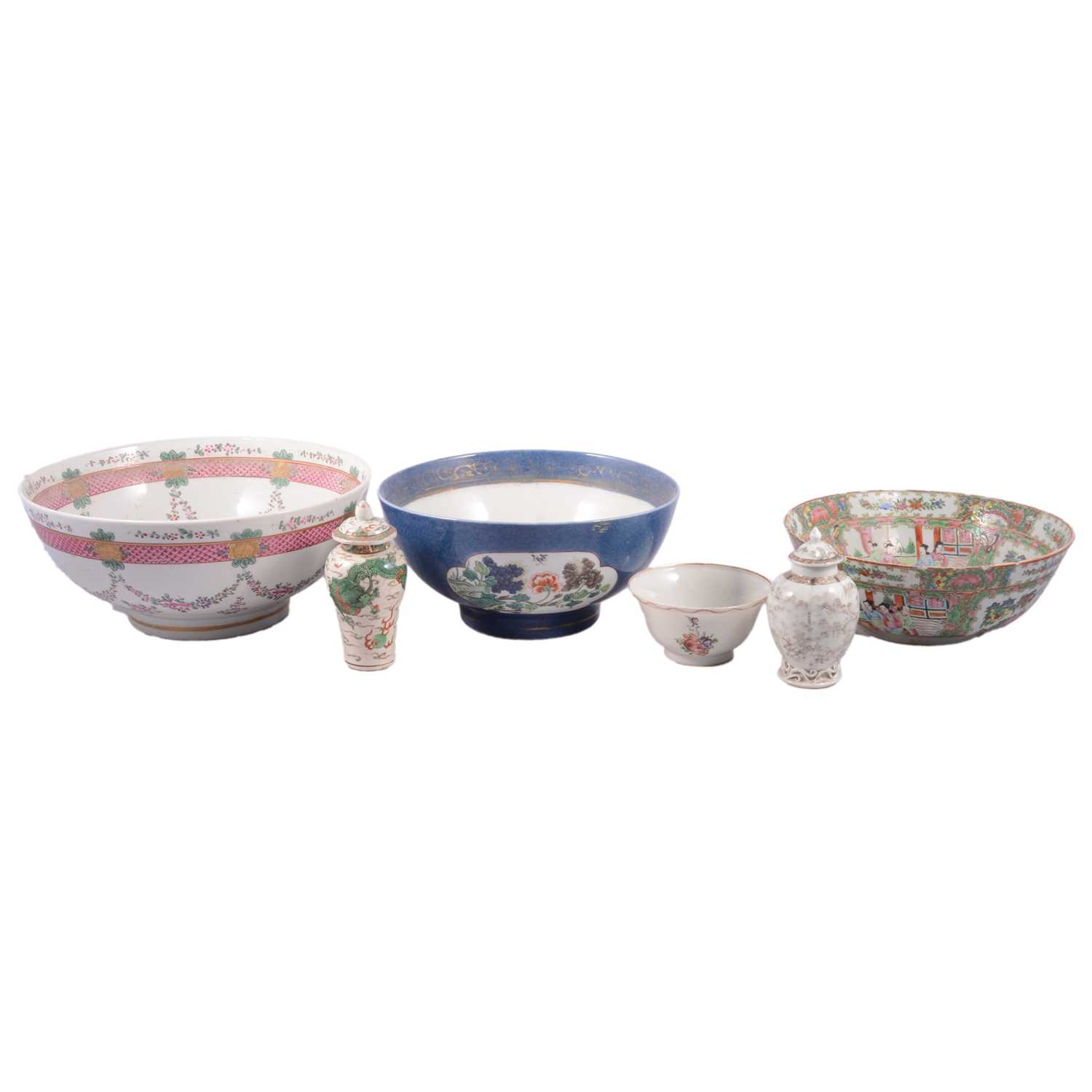 Lot 23 - Samson porcelain bowl, Cantonese bowl, two other bowls and a pair of Chinese vases