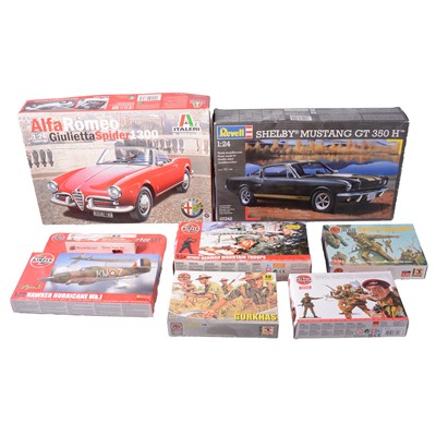 Lot 173 - Airfix Hawker Hurricane Mk 1 Starter Set, WWII troops, Revell Shelby and Italeri model kits.