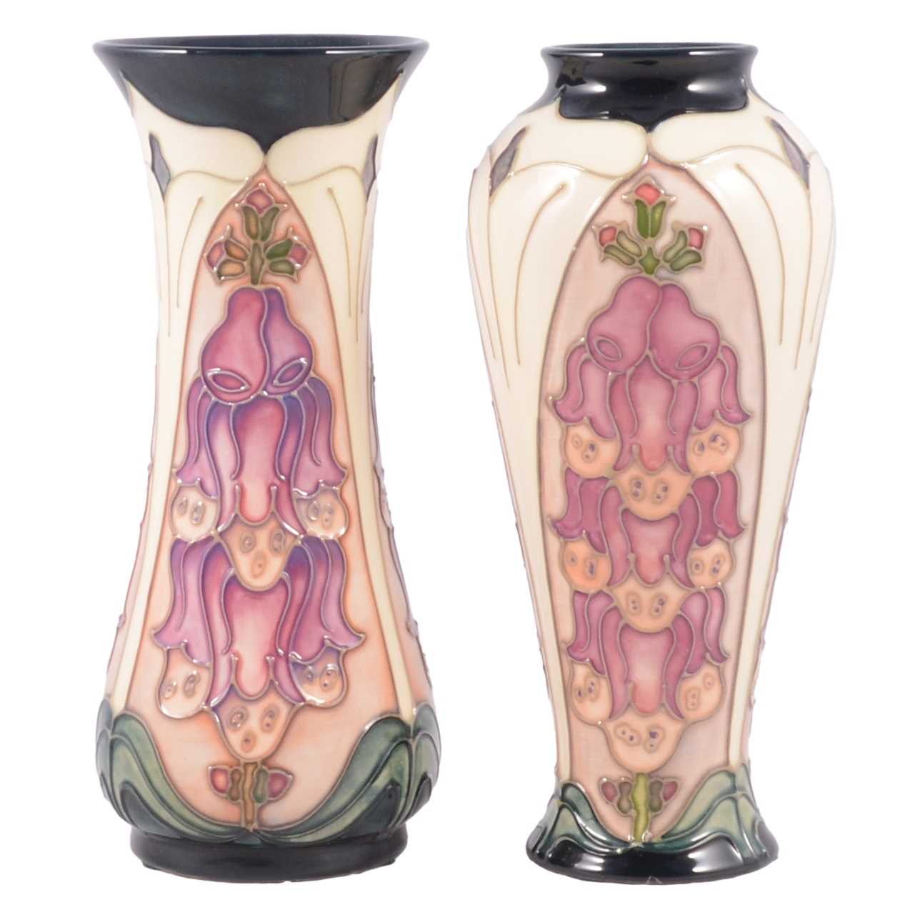 Lot 56 - Moorcroft Pottery, two 'Foxglove' pattern vases by Rachel Bishop