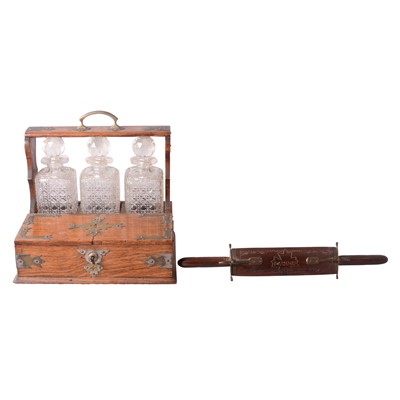 Lot 113 - Edwardian oak tantalus, cutlery tray, etc.