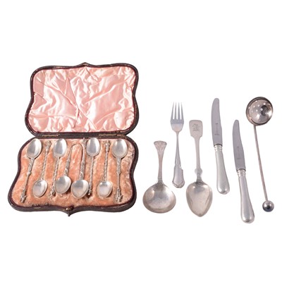 Lot 228 - Four Victorian silver apostle teaspoons, Mappin & Webb, London 1891, and white metal flatware.