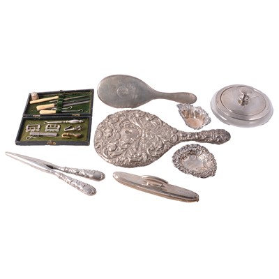 Lot 226 - Silver-mounted glass cologne jar, C E Williams, Birmingham 1902, and other dressing table items.