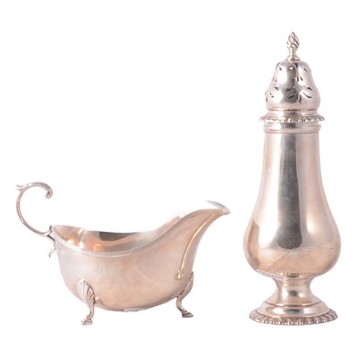 Lot 216 - Silver sugar caster, Vale Brothers & Sermon, Chester 1906, and a silver sauce boat.