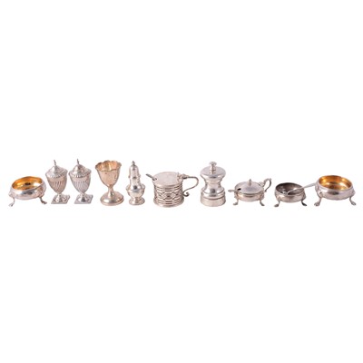 Lot 223 - Georgian silver cauldron salt, Ann Smith & Nathaniel Appleton, London 1819, and other condiments.