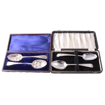 Lot 210 - Matched pair of Georgian silver berry spoons, London 1762 and 1763, and pair of tablespoons.