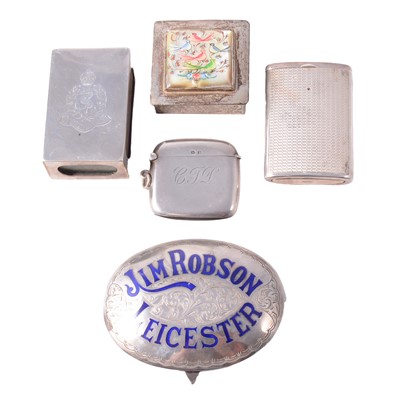 Lot 205 - Silver and enamel Jim Robson Leicester badge, and other silver and metalwares.
