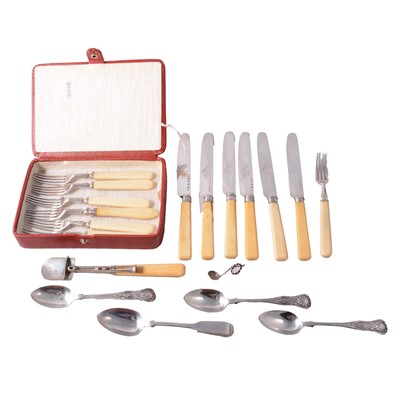 Lot 220 - Set of six Victorian silver teaspoons, William Rawlings Sobey, Exeter 1839, and other flatware.