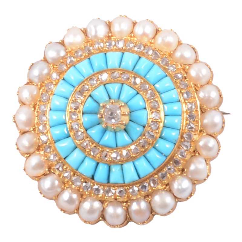 Lot 181 - A Victorian diamond, turquoise and pearl target brooch.