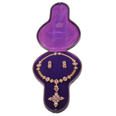 Lot 247 - A 19TH century foil back pink topaz and turquoise parure in fitted N Bloom & Sons box.
