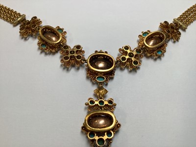 Lot 247 - A 19TH century foil back pink topaz and turquoise parure in fitted N Bloom & Sons box.