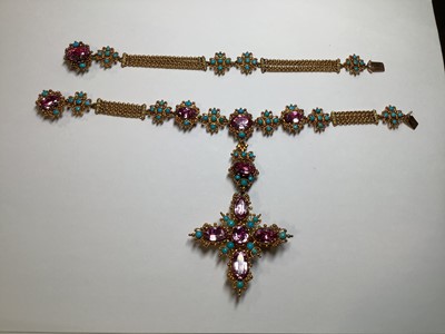 Lot 247 - A 19TH century foil back pink topaz and turquoise parure in fitted N Bloom & Sons box.