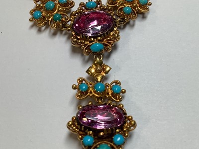 Lot 247 - A 19TH century foil back pink topaz and turquoise parure in fitted N Bloom & Sons box.
