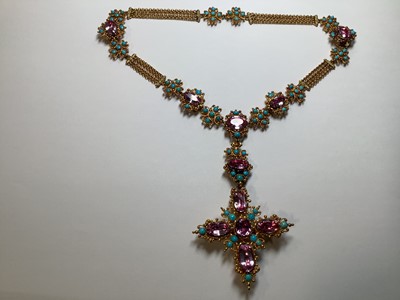 Lot 247 - A 19TH century foil back pink topaz and turquoise parure in fitted N Bloom & Sons box.
