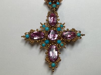 Lot 247 - A 19TH century foil back pink topaz and turquoise parure in fitted N Bloom & Sons box.