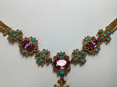 Lot 247 - A 19TH century foil back pink topaz and turquoise parure in fitted N Bloom & Sons box.