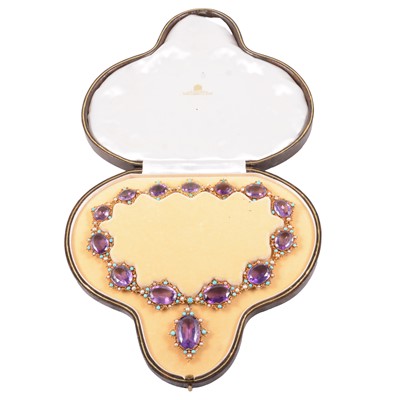 Lot 248 - A Victorian amethyst, seed pearl and turquoise necklace in fitted Asprey and Company box.