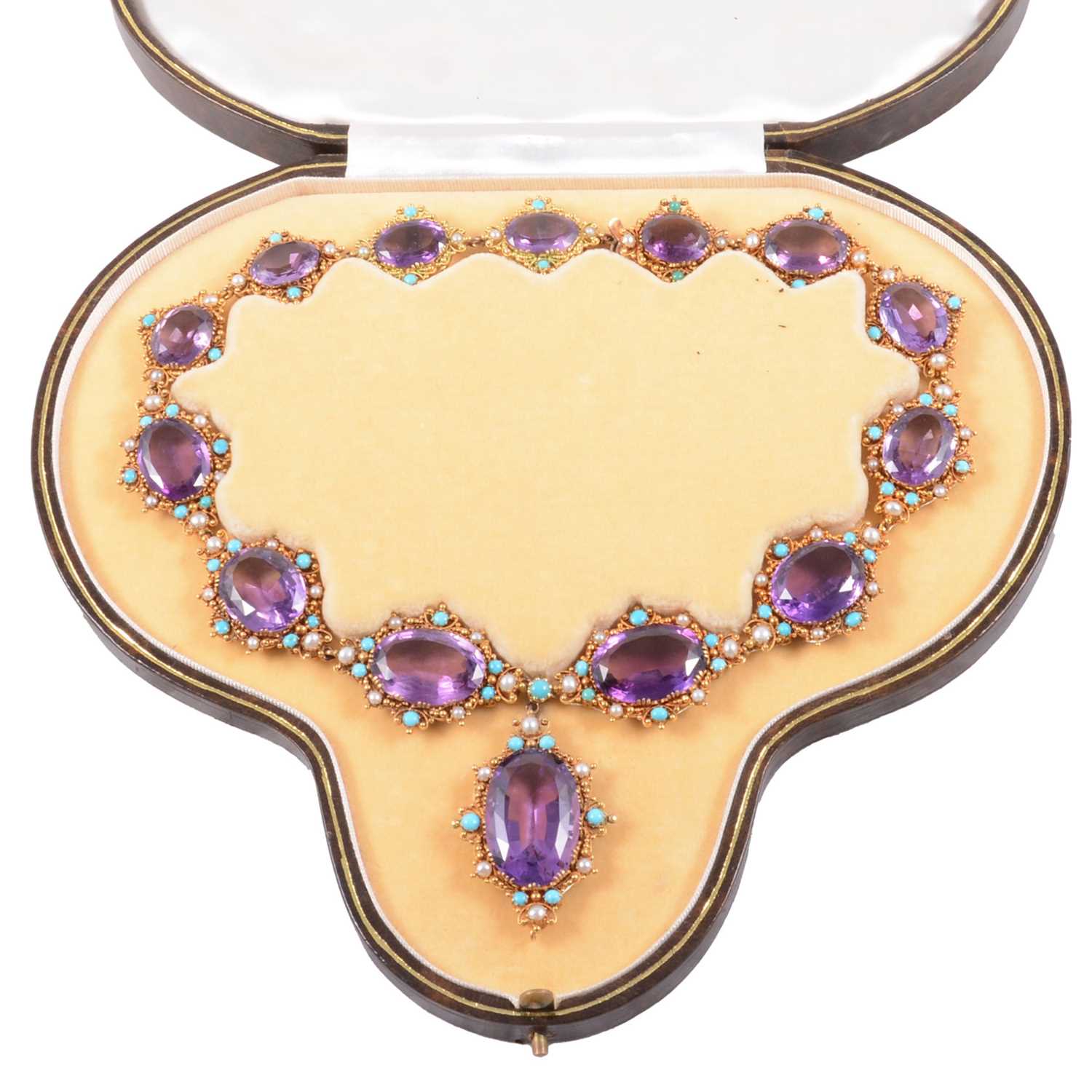 Lot 248 - A Victorian amethyst, seed pearl and turquoise necklace in fitted Asprey and Company box.