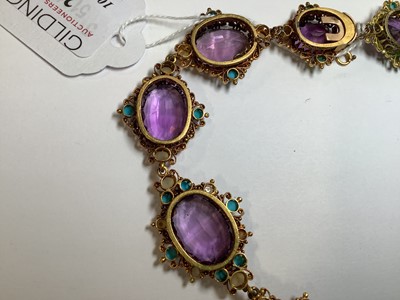 Lot 248 - A Victorian amethyst, seed pearl and turquoise necklace in fitted Asprey and Company box.