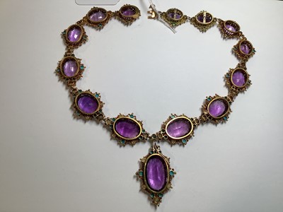 Lot 248 - A Victorian amethyst, seed pearl and turquoise necklace in fitted Asprey and Company box.