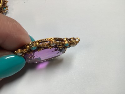 Lot 248 - A Victorian amethyst, seed pearl and turquoise necklace in fitted Asprey and Company box.