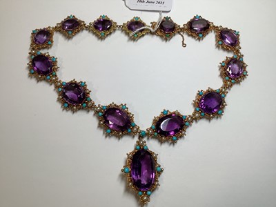 Lot 248 - A Victorian amethyst, seed pearl and turquoise necklace in fitted Asprey and Company box.
