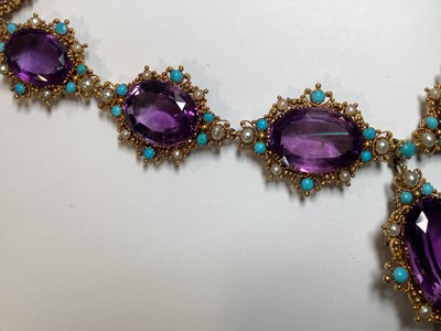 Lot 248 - A Victorian amethyst, seed pearl and turquoise necklace in fitted Asprey and Company box.