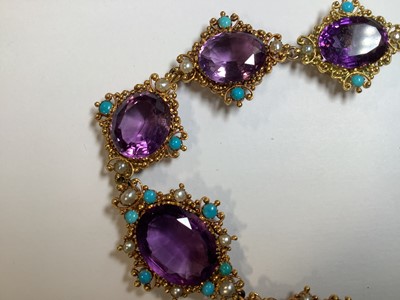 Lot 248 - A Victorian amethyst, seed pearl and turquoise necklace in fitted Asprey and Company box.