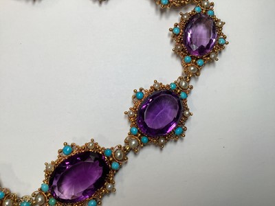 Lot 248 - A Victorian amethyst, seed pearl and turquoise necklace in fitted Asprey and Company box.