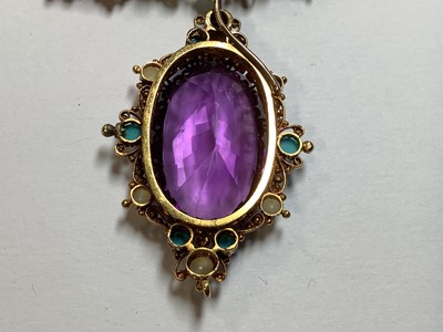Lot 248 - A Victorian amethyst, seed pearl and turquoise necklace in fitted Asprey and Company box.