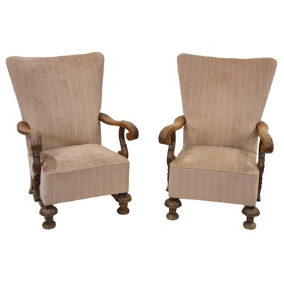 Lot 432 - Pair of 1920's oak framed armchairs