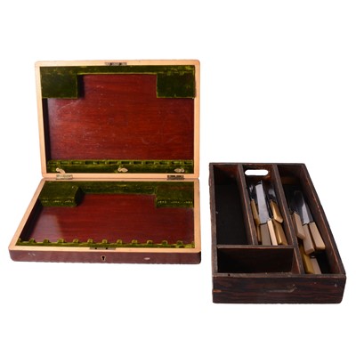 Lot 250 - Three oak and mahogany canteens, two wooden cutlery trays and simulated ivory handled knives.